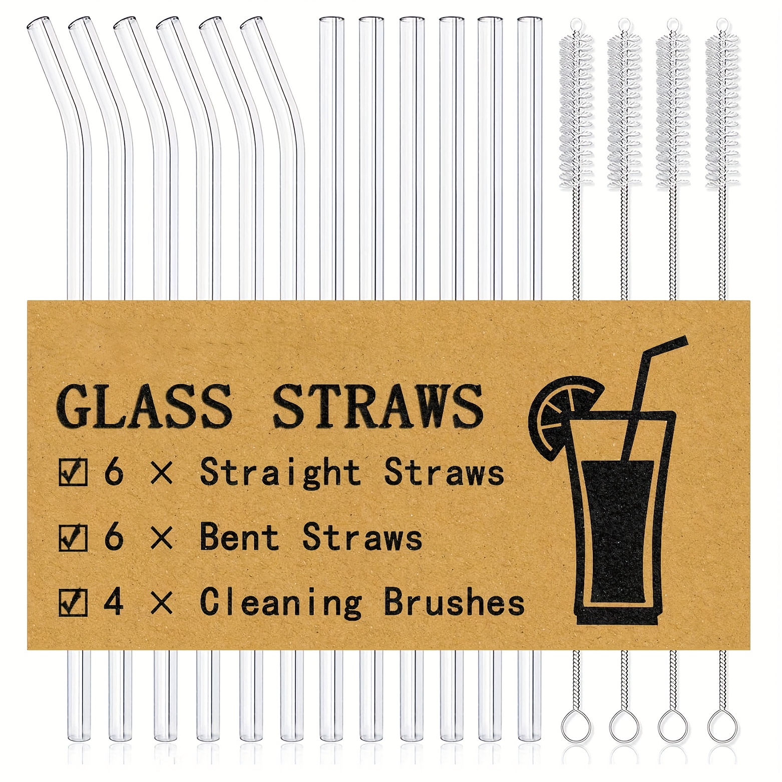E-shop 16-teiliges Wiederverwendbares Glasstrohhalme-Set, Größe 215*10mm, Klare Trinkhalme aus Glas, Set mit 6 und 6 Gebogenen Strohhalmen inklusive 4