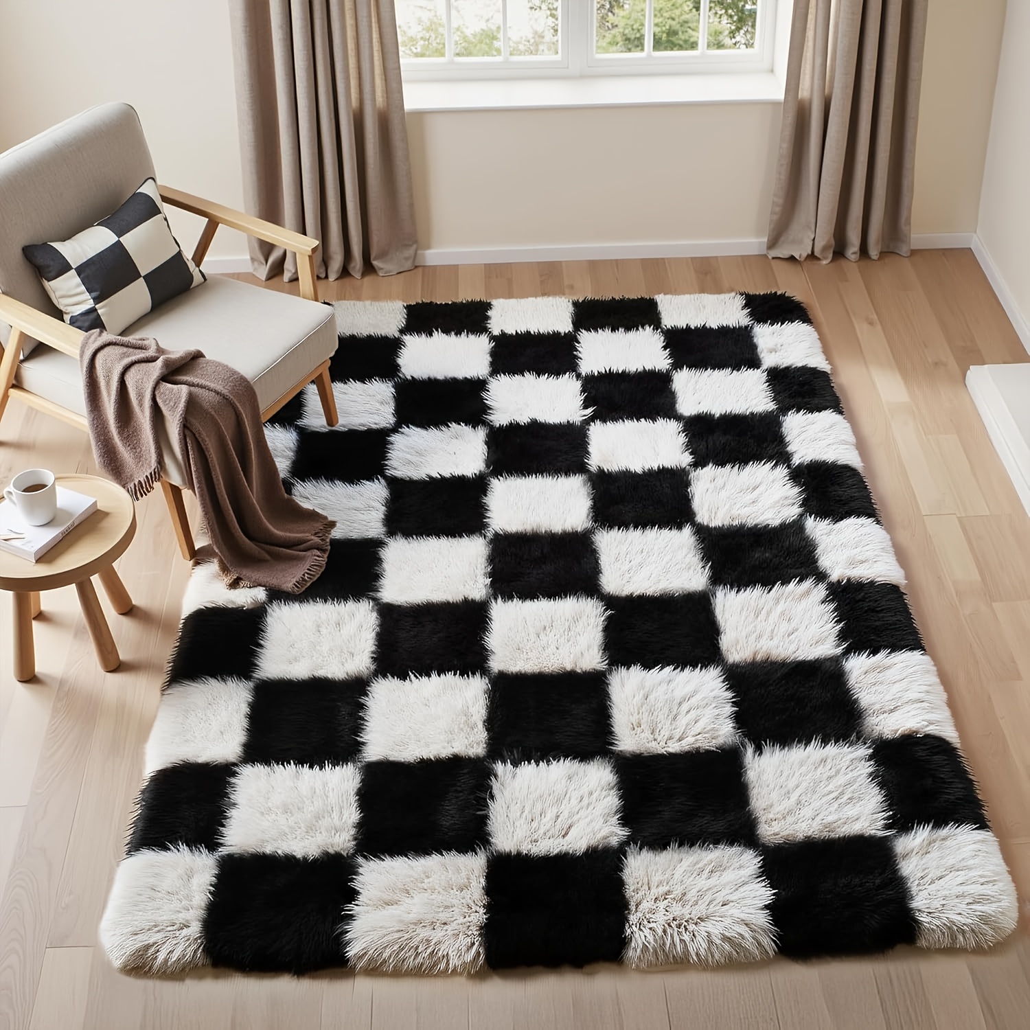 TEMU Fluffy, Non-shedding Area Rugs For The Living Room And Bedroom, Featuring A Black And White Checkered Design. Plush, Soft, And Washable Carpets
