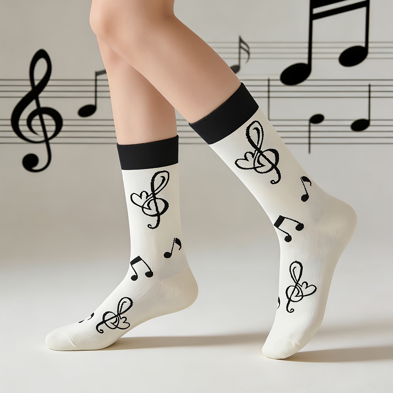TEMU 1 Paire de Chaussettes à Notes de Musique sur Fond Blanc Crémeux, avec de Cœur et de . Chaussettes Artistiques et Confortables pour les . Un