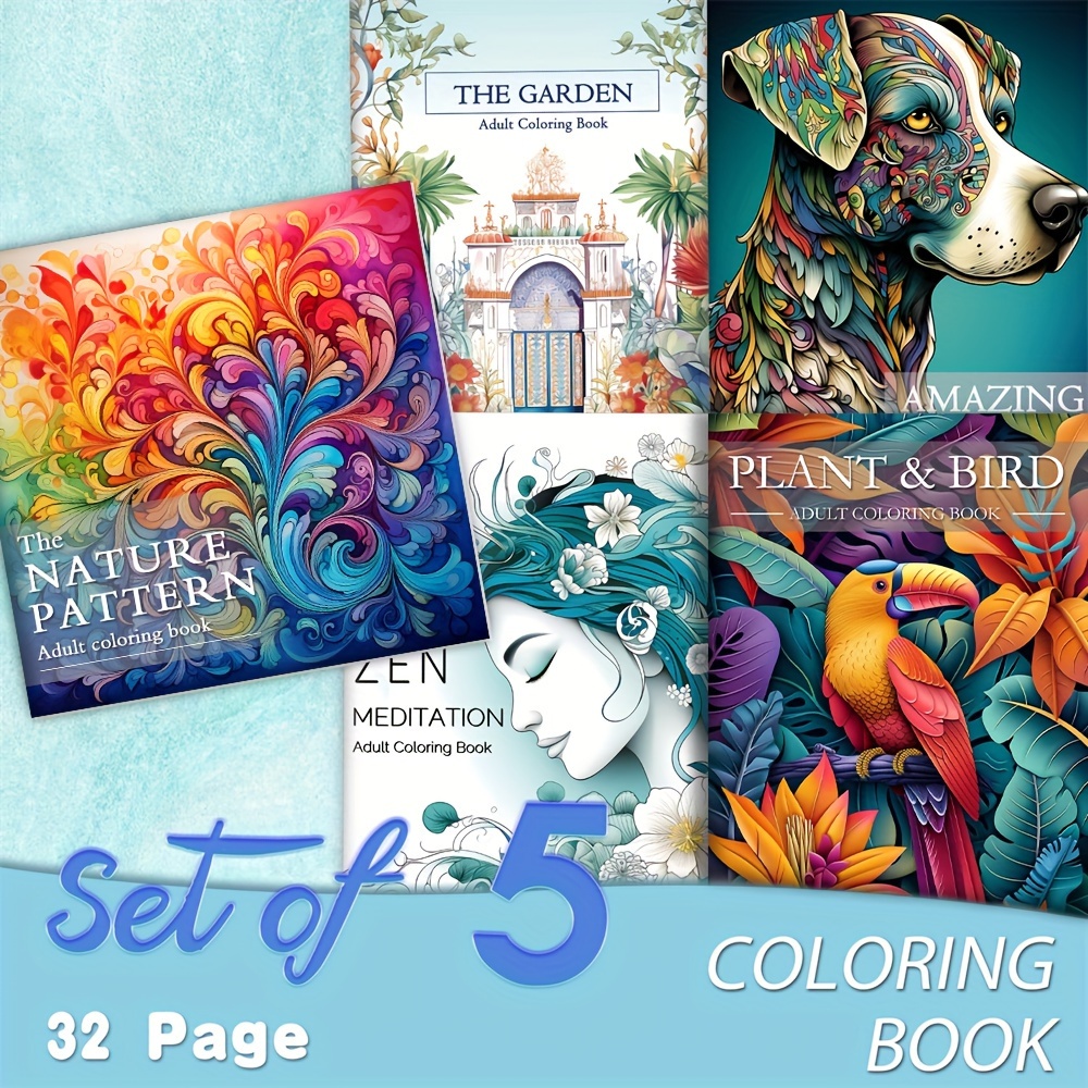 

5 Packs Of Adult Coloring Book Set Nature, Garden, Animals, Zen, Plant & Bird Themes, High-quality Paper, Perfect Gift