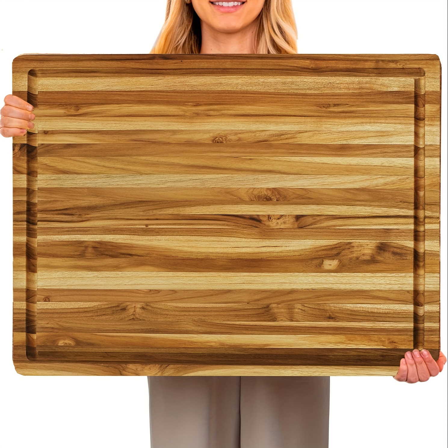 

Large Teak Wood Cutting Board For Kitchen - Edge-grain Butcher Block With Juice Groove And Grip Handles - Reversible Board For Meat And Vegetables