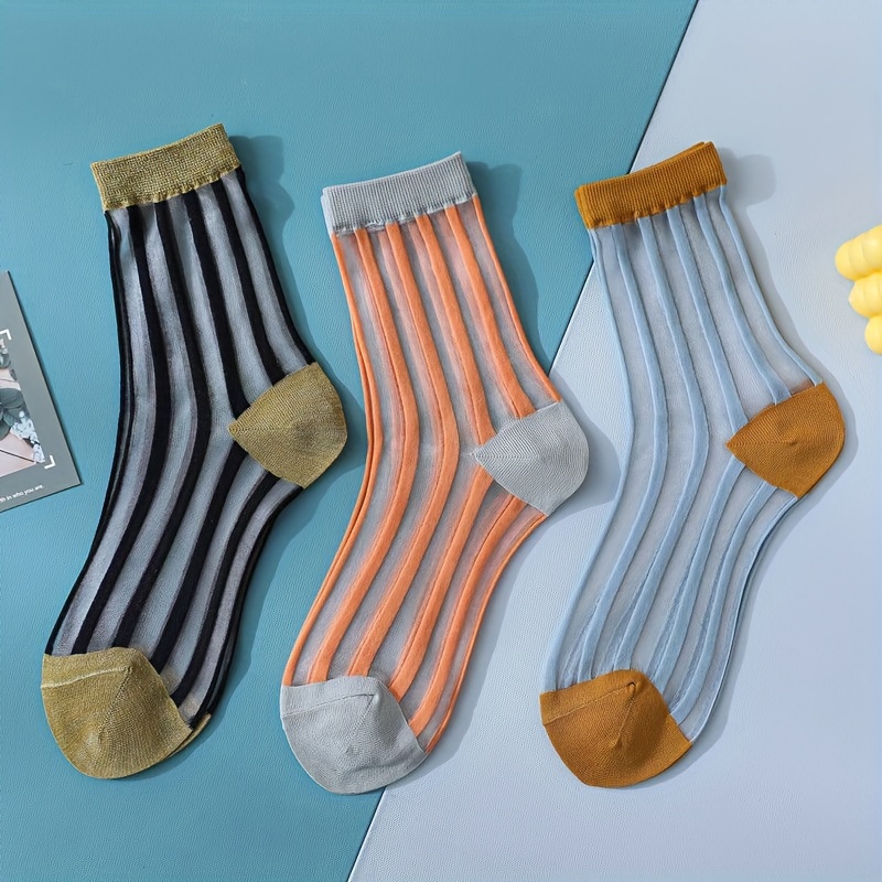 

Striped Glass Silk Socks, Simple Japanese Style Sheer Mid Tube Socks, Women's Stockings & Hosiery