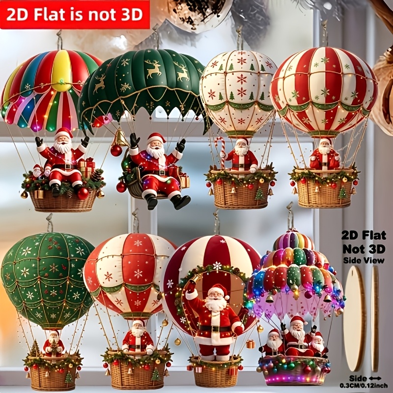 TEMU 2d Flat, 8pcs Hot Air Balloon Santa Wooden Hanging Ornaments, Suitable For Christmas, Home Decor, Window Decoration, Classroom, Birthday Party