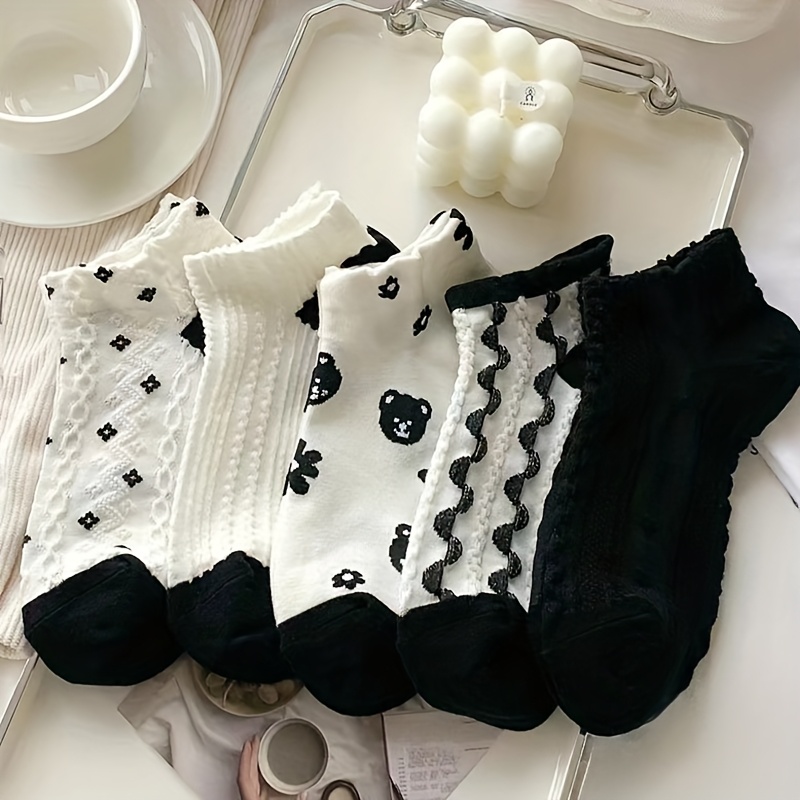 TEMU 5 Pairs Black Teddy Bear Women's Short Socks