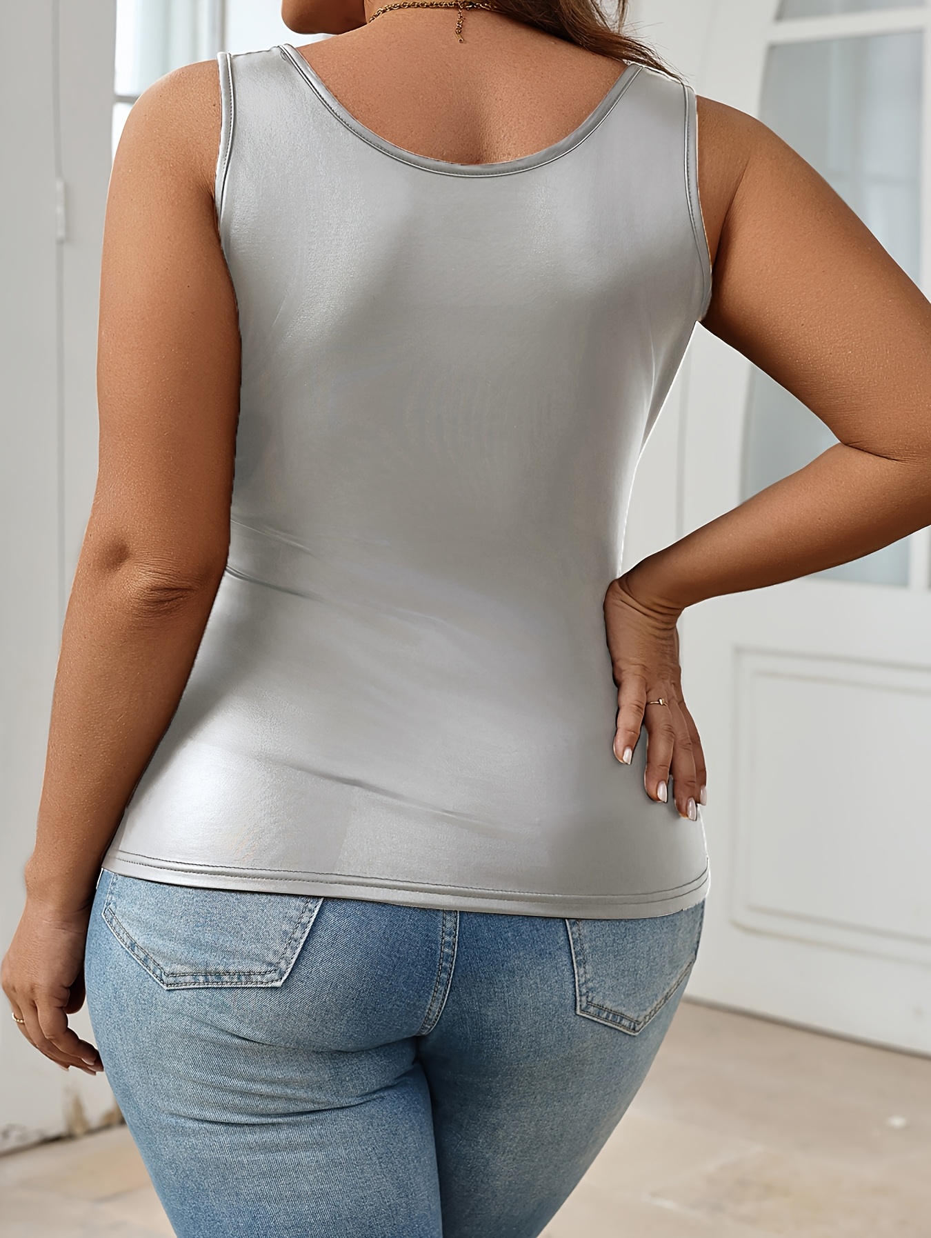 Plus Size Casual Sleeveless Tank Top - Deep U-Neck Backless Design, Stretchy 100% Polyester, Machine Washable, Solid Black for Casual Attire & All-Season Comfort