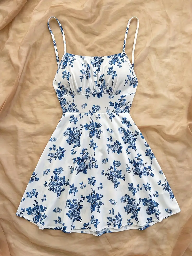 Vacation Party Blue And White Floral Print Backless Spaghetti Strap A-Line Mini Dress Vacation Party Blue And White Floral Print Backless Spaghetti Strap A-Line Mini Dress