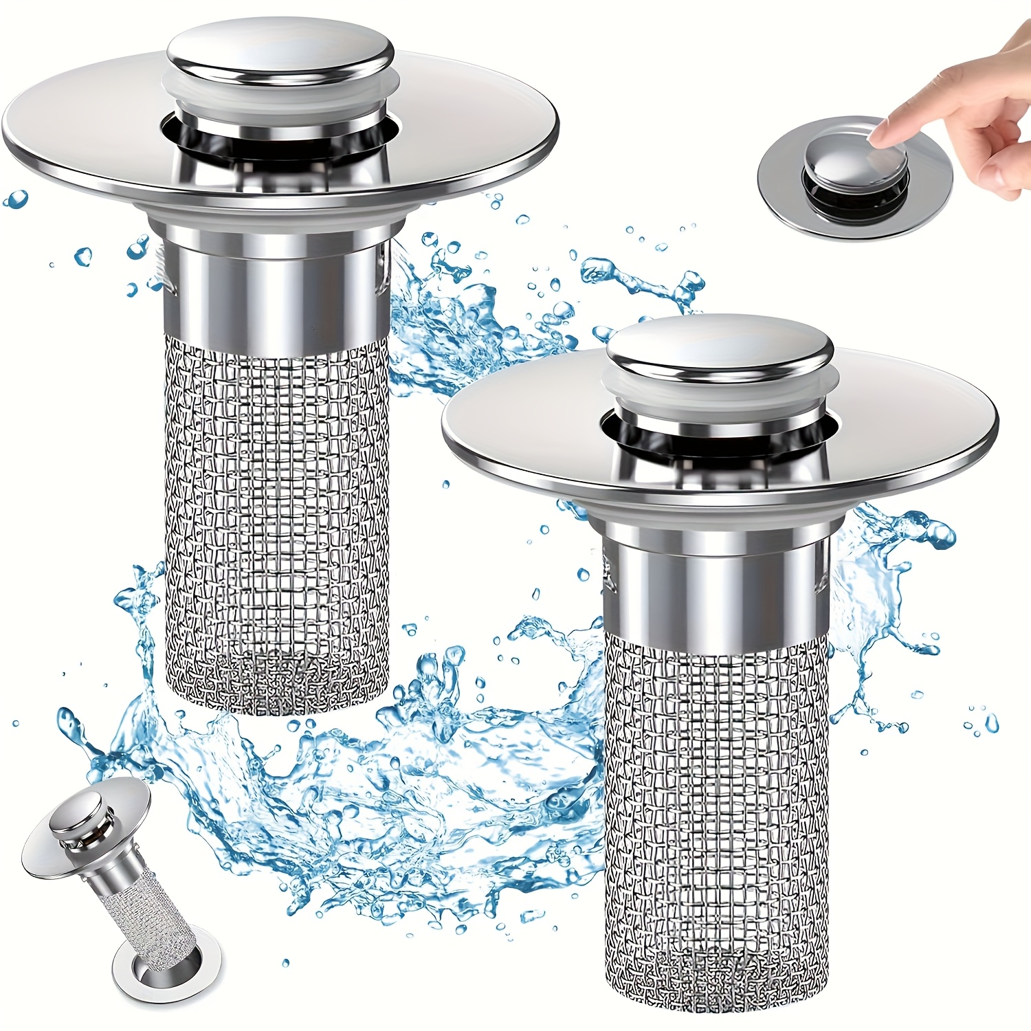 2-Pack Stainless Steel Pop-Up Sink Drain Strainer with Removable Basket - Fit Bathtub/Shower Sink Drain Cover, Clog-Preventing Hair Catcher, Easy Snap-On Replacement Stopper for Clog Removal (No Chemicals/Easy-Clean)