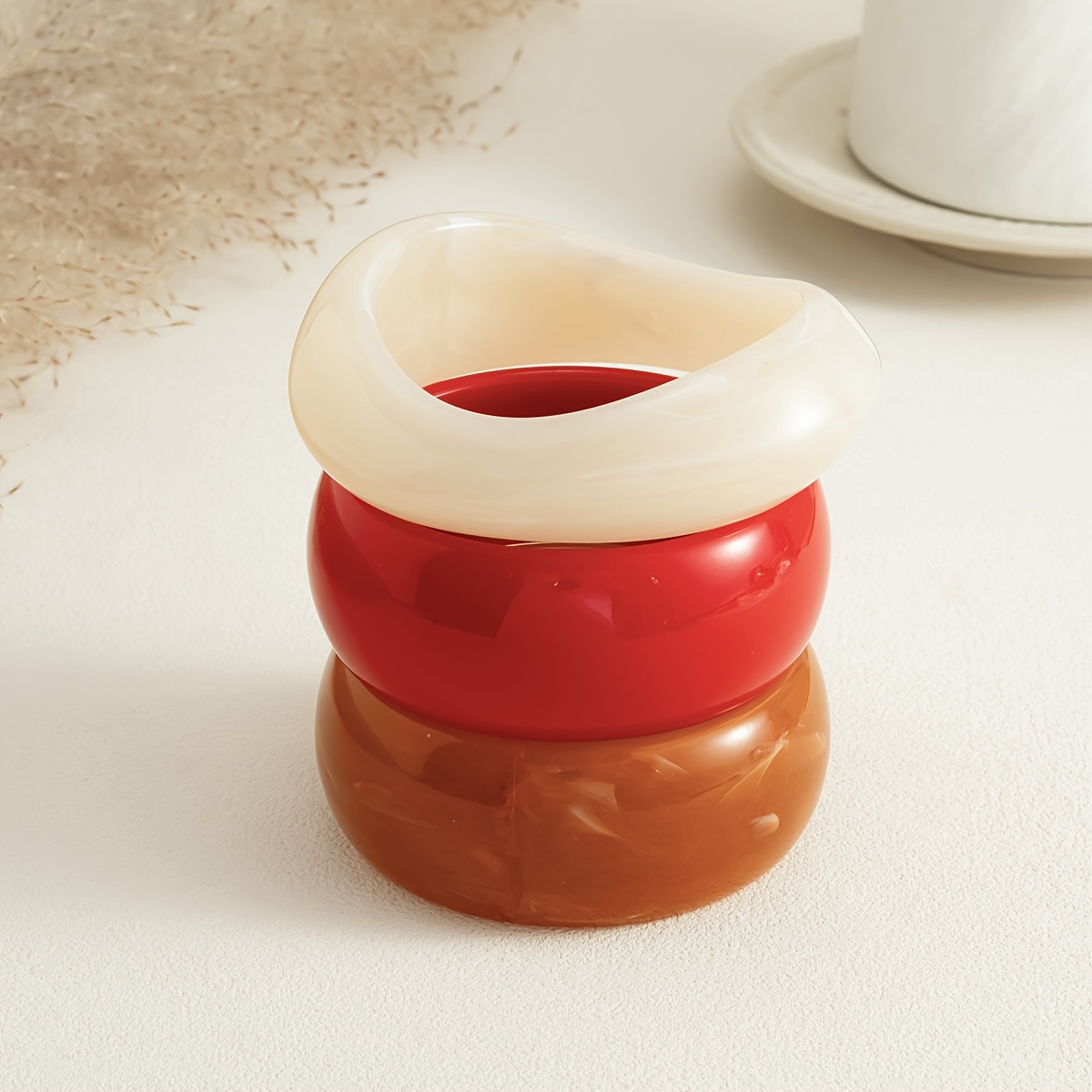 3pc Wide-Style Resin Bangle Set, Teardrop & Round Design