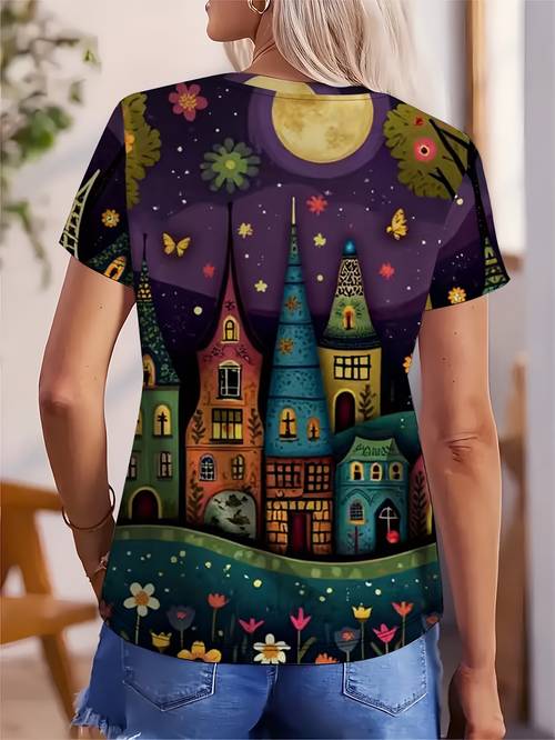 damen t-shirt mit lockerer passform rundhalsausschnitt – weiche sommer-freizeitbluse für freizeitkleidung mit verspieltem volkskunst-druck, verträumter nachtdorf- & lebendigen flachen farben, maschinenwaschbares oberteil mit rundhalsausschnitt zum schichten oder als einzeloutfit