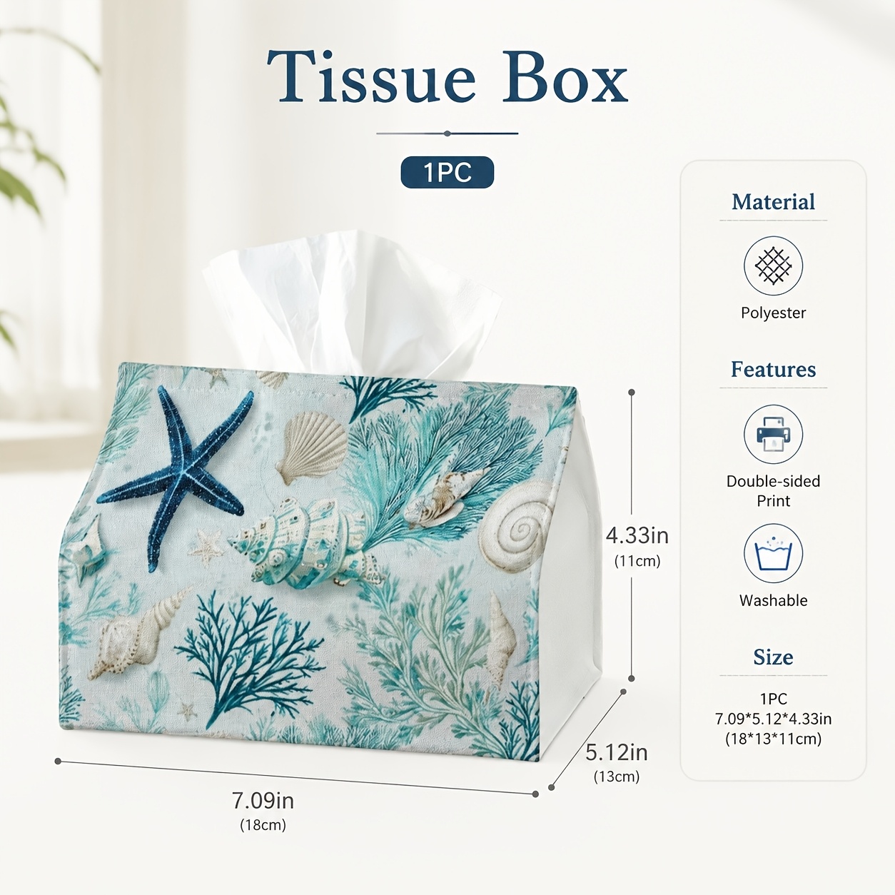 TEMU 1pc Ocean Theme Tissue Box Cover With White And , Starfish And Seashell Patterns, Polyester, 7.09 X X 4.33 In/18cm X 13cm X 11cm, Beach-inspired
