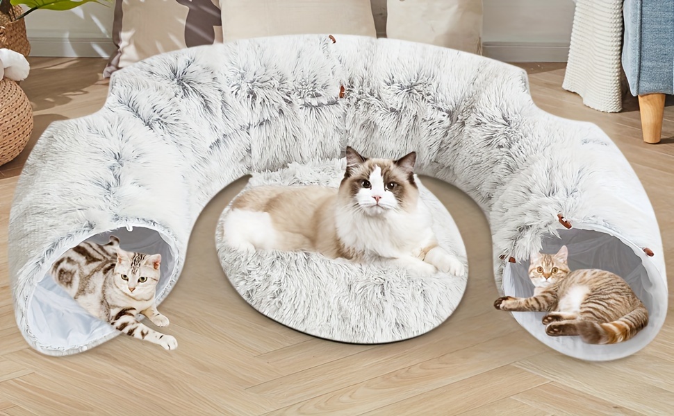 1pc Cozy Plush Cat Tunnel Bed with Playful Toy Balls - Soft, Fluffy Hideaway for Indoor Cats & Small Pets, Easy-Clean & Detachable, Large Donut Circle Design with Secure Zipper Closure, Cat Play Tunnel|Donutshaped Bed|Fluffy Texture, Cat Bed