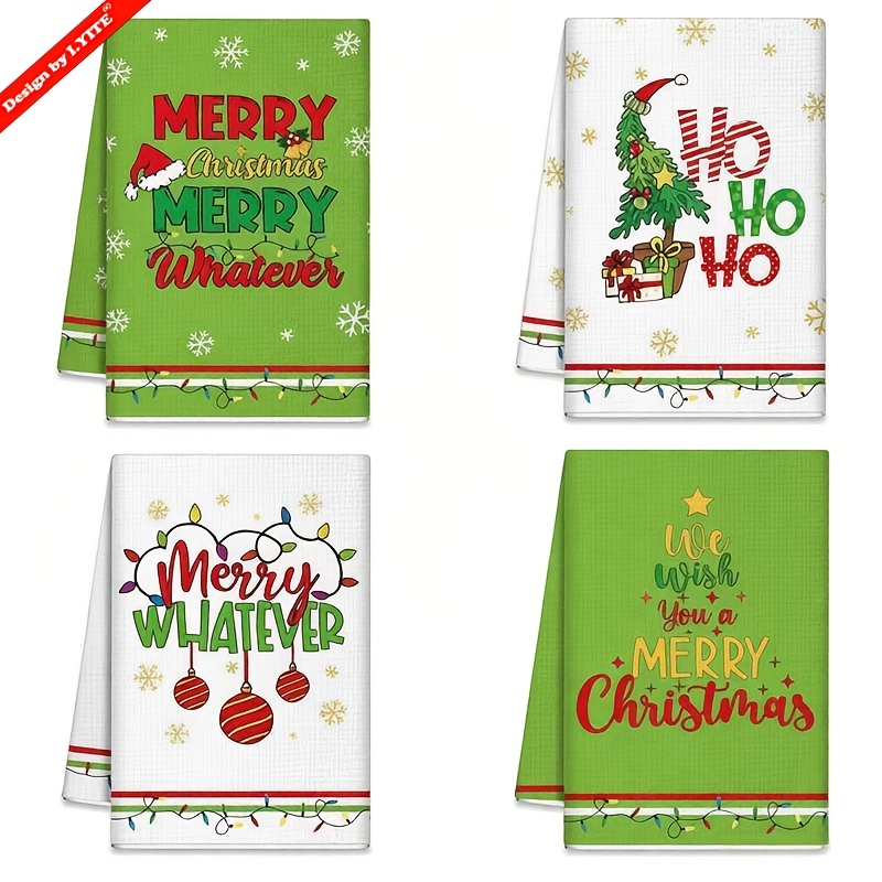 TEMU 4pcs/set Funny Kitchen Towels Lime Green Santa Hat Winter Dish Towel Decorative Bathroom Super Absorbent Tea Towel Farmhouse Decor For Kitchen