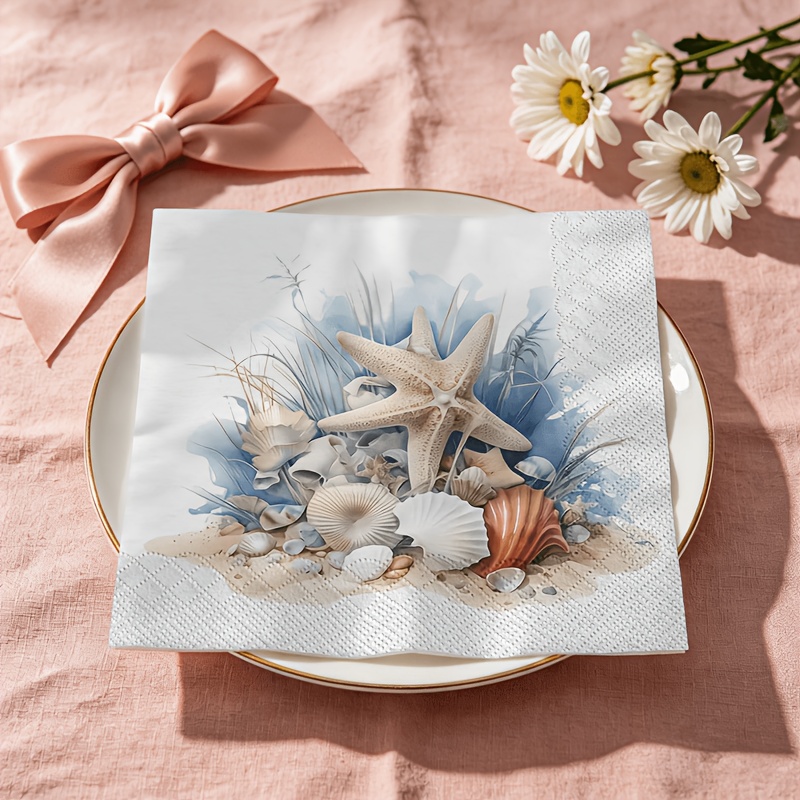 TEMU 20pcs Napkins, Ocean-themed Seashell And Starfish Printed Napkins, Double-layered, Thickened, Soft, And Comfortable, With Exquisite Embossed