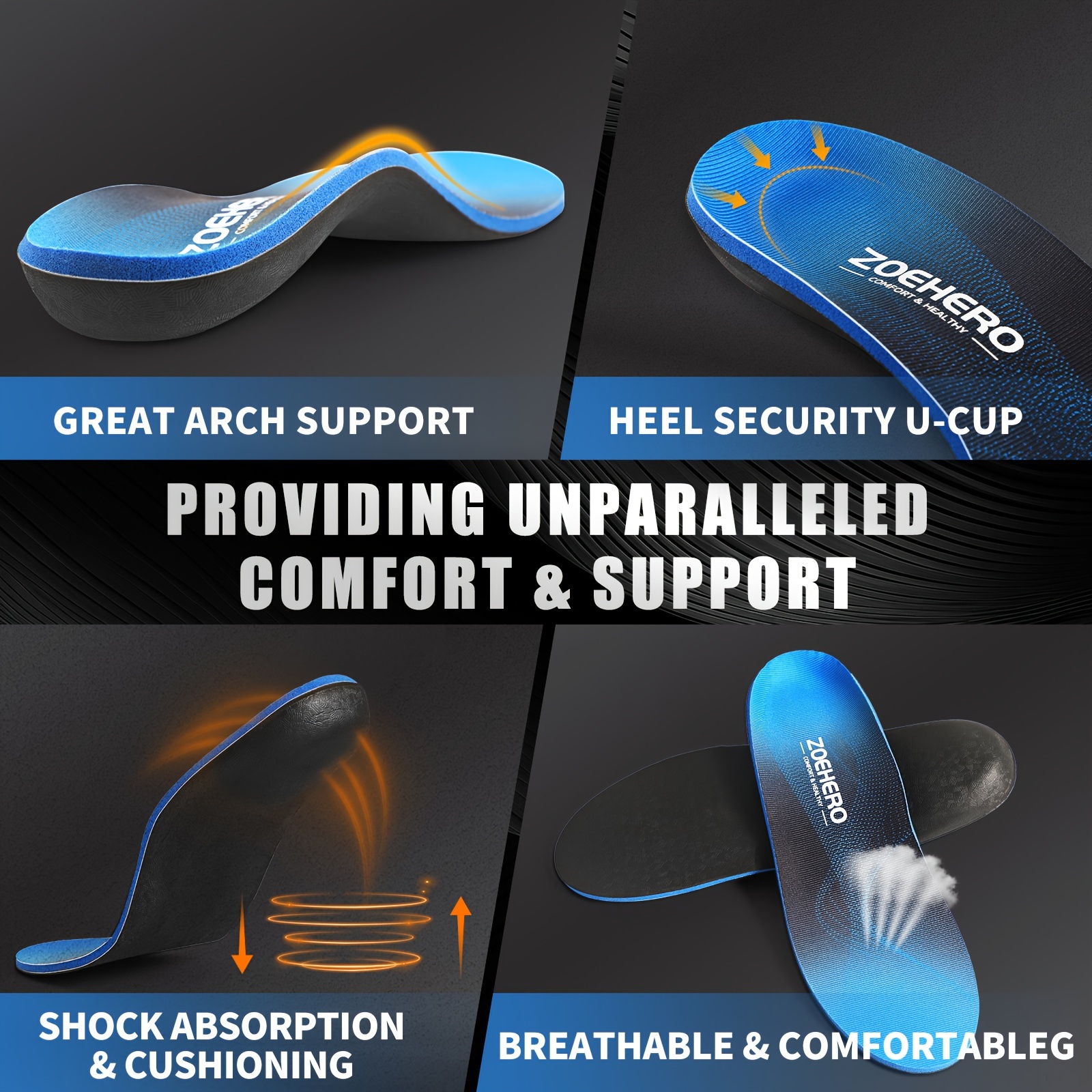 Pair Heavy Duty Arch Support Insoles For Men Women, Flat Feet Insoles,  Shock Absorbing Insoles For Standing All Day, For Work Boots Var