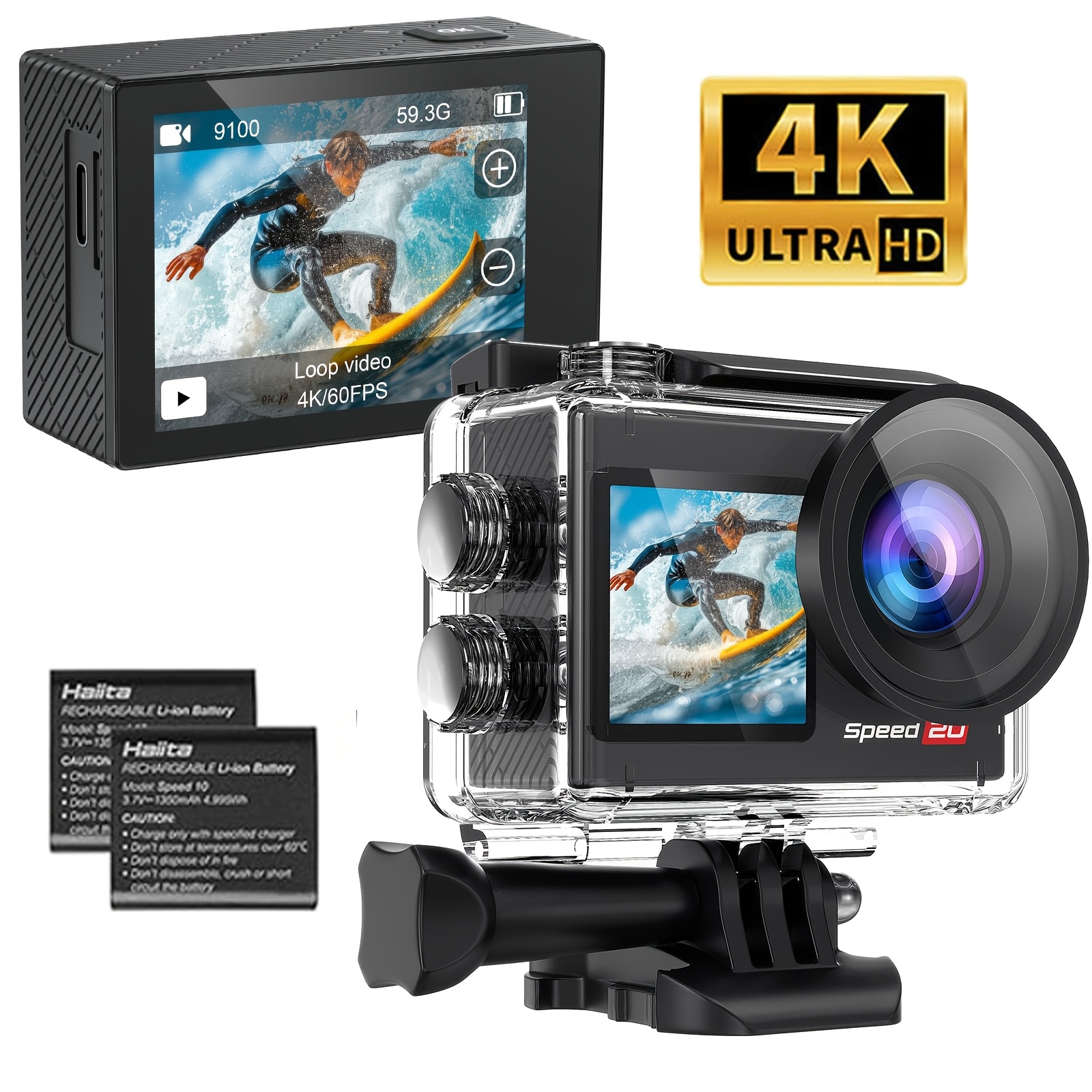 Image of Action Camera 4k Video, Eis, Wifi Remote Control, 2x Batteries, 5x Zoom 170° Wide Angle Camera For Snorkeling, Travel, Motorcycle, Bicycle, Helmet Additions Kit