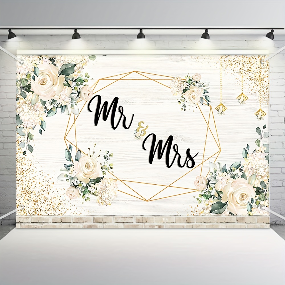 

1pc 70.78x43.3 Inch White Floral Mr And Mrs Banner Backdrop Couple Wedding Anniversary Photography Background Party Decorations Cake Smash Photo Studio Props