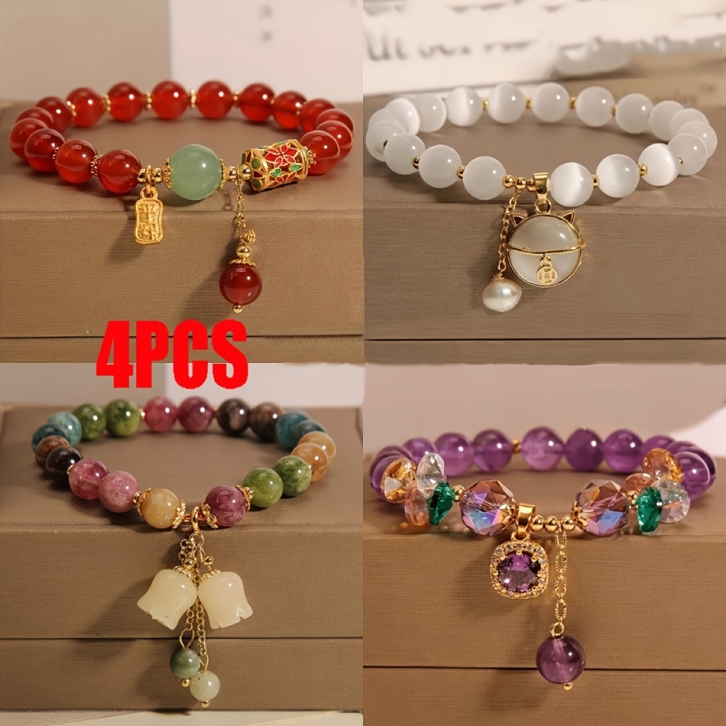 TEMU 4pcs Elegant Natural Stone Bracelets - Amethyst Beads With Cz Cat Pendant - Boho Jewelry Gift For Women Men Couple Best Friend