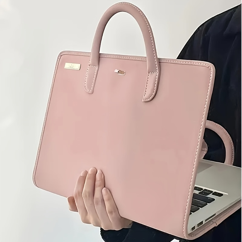 

Stylish Pink Pvc Leather Laptop Bag, Portable Multifunctional Computer Protective Case With Polyester Lining - Ideal For Office, Travel, And Study, Computer Bag