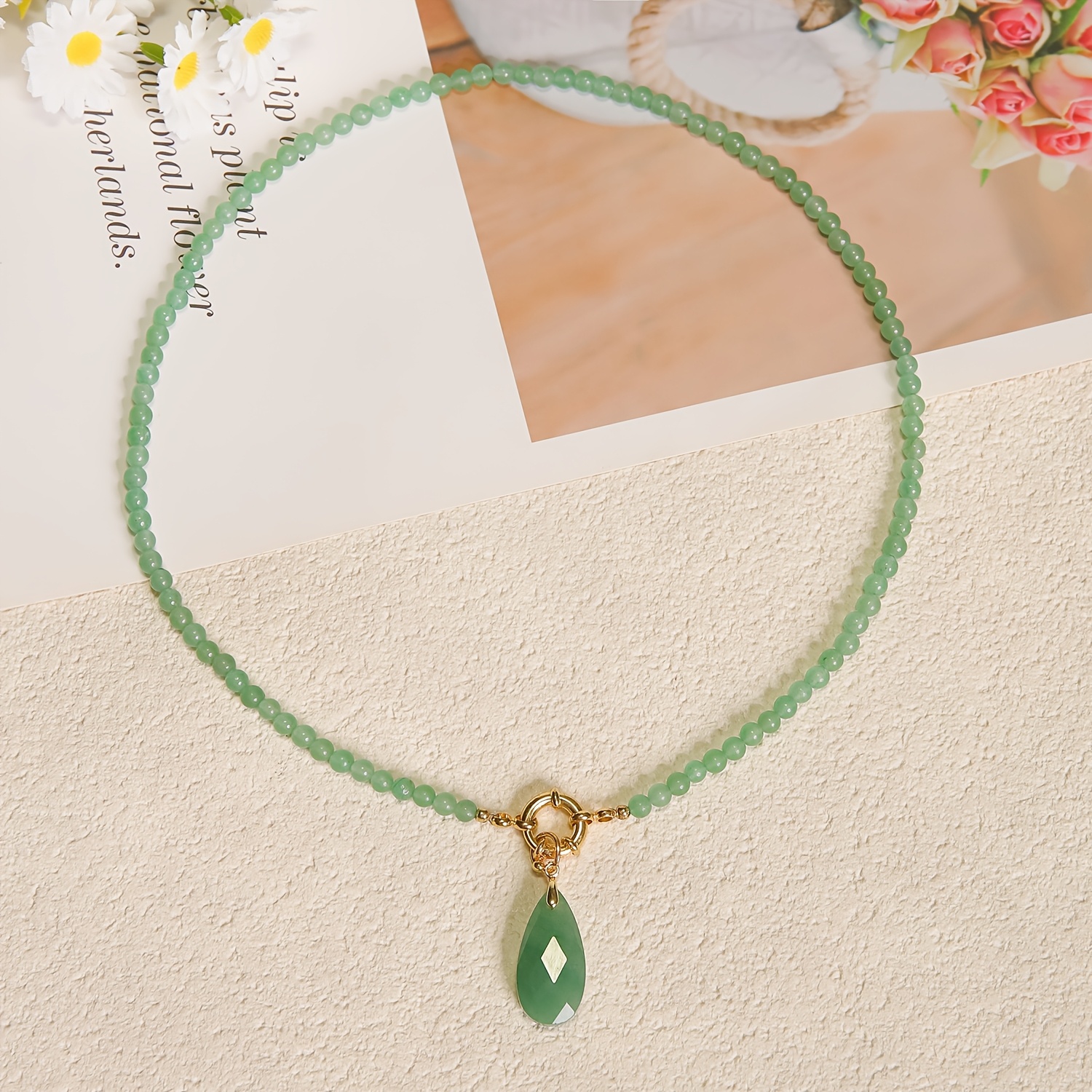 Women's Natural Stone Beaded Necklace with Teardrop Pendant