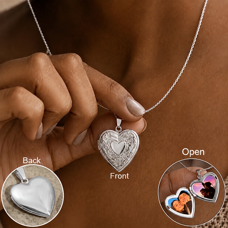 TEMU Custom Photo Necklace Stainless Steel Material Personalized Heart Flip Openable Locket Keepsake Jewelry Vintage Engraved Niche Women Accessories