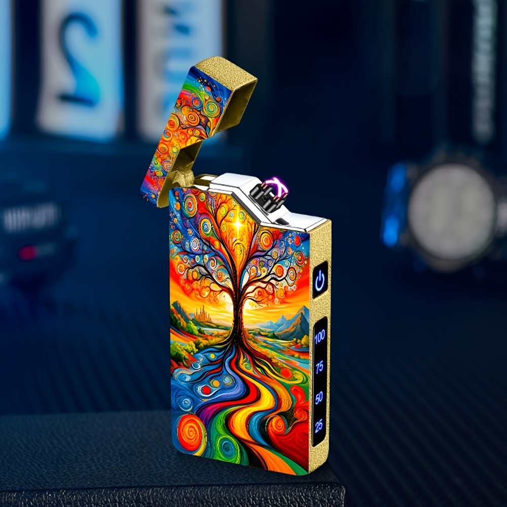 1pc Cool Electronic Lighter, Rechargeable Dual Arc With Colorful Tree And River Pattern Print