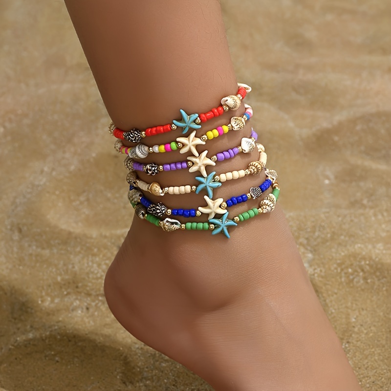 

6pcs/set Beach Vacation Style Natural Conch Starfish Rice Beads Anklets For Women, Bohemian Style Foot Chain Jewelry
