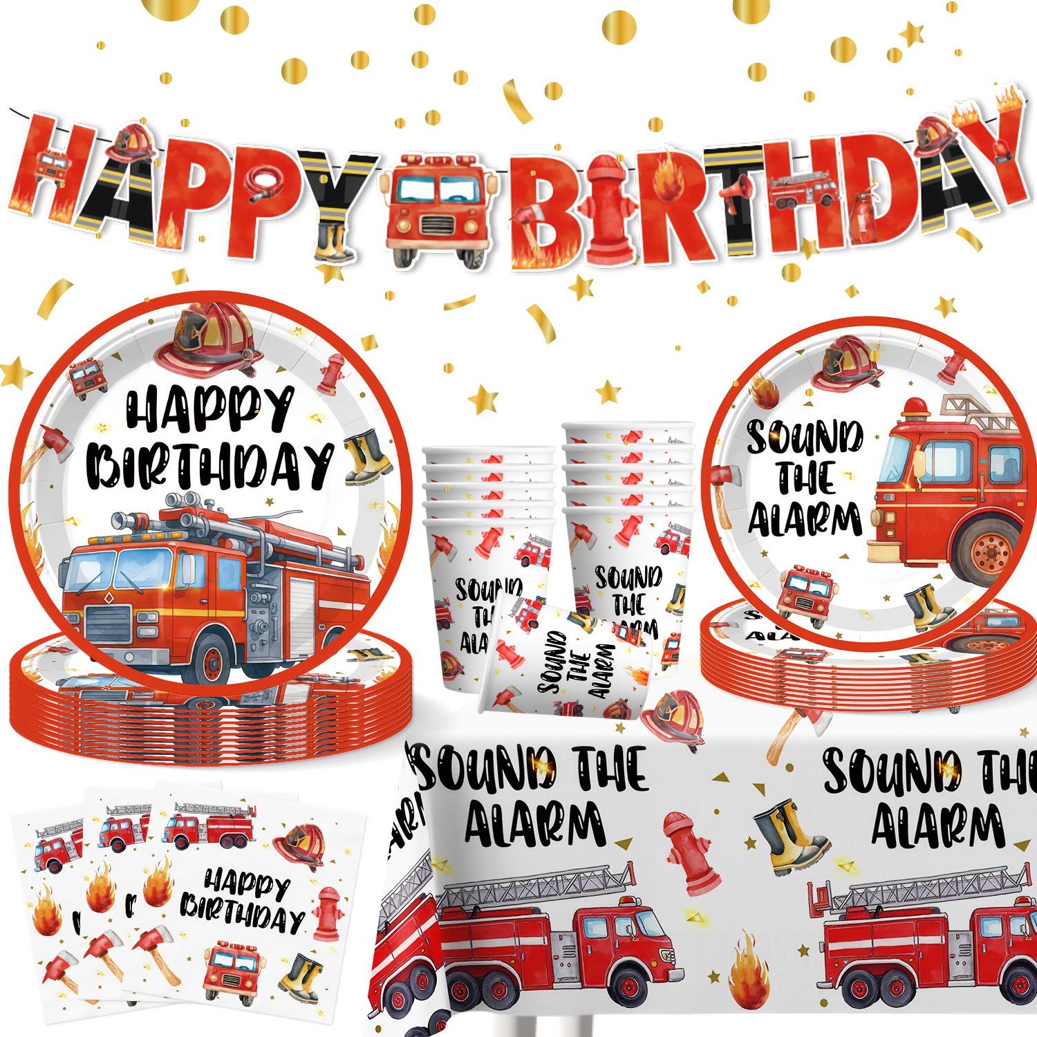Party Supplies Set,   Theme Birthday Decorations,   Theme Party Supplies Set,   Paper Plates and Napkins with   Designs, Paper Cups, Banners, Tablecloths, Suitable for Fireman Themed Party Decorations, Firefighter Party Decorations, Firefighter Party Supplies, Theme Party Decoration, and Other Celebrations! Perfect Gifts for Family, Friends