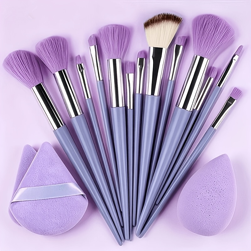 TEMU 17pcs High-quality Professional Makeup Brush Set, Includes 13 Makeup Brushes + 2 + 1 Makeup Sponge + Storage Bag, Soft And Fluffy Foundation