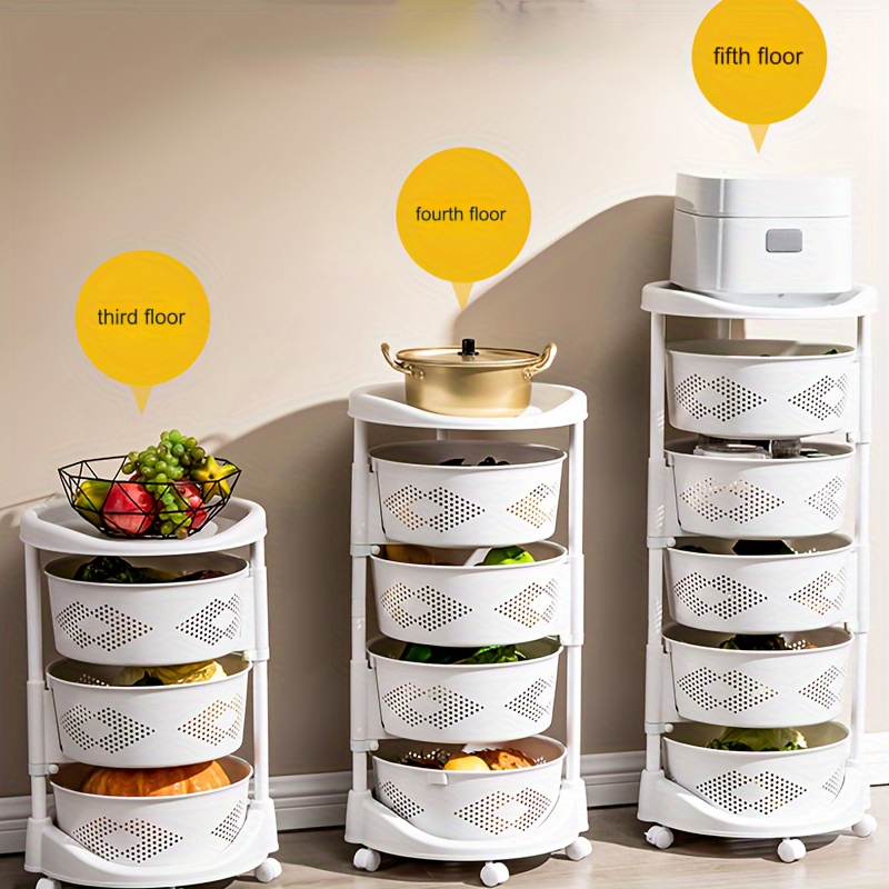 Estante de almacenamiento giratorio redondo de cinco niveles para cocina, carrito de almacenamiento rodante para frutas y verduras, apto para cocina, sala de estar, dormitorio, cuarto de baño, color blanco, detalles 1