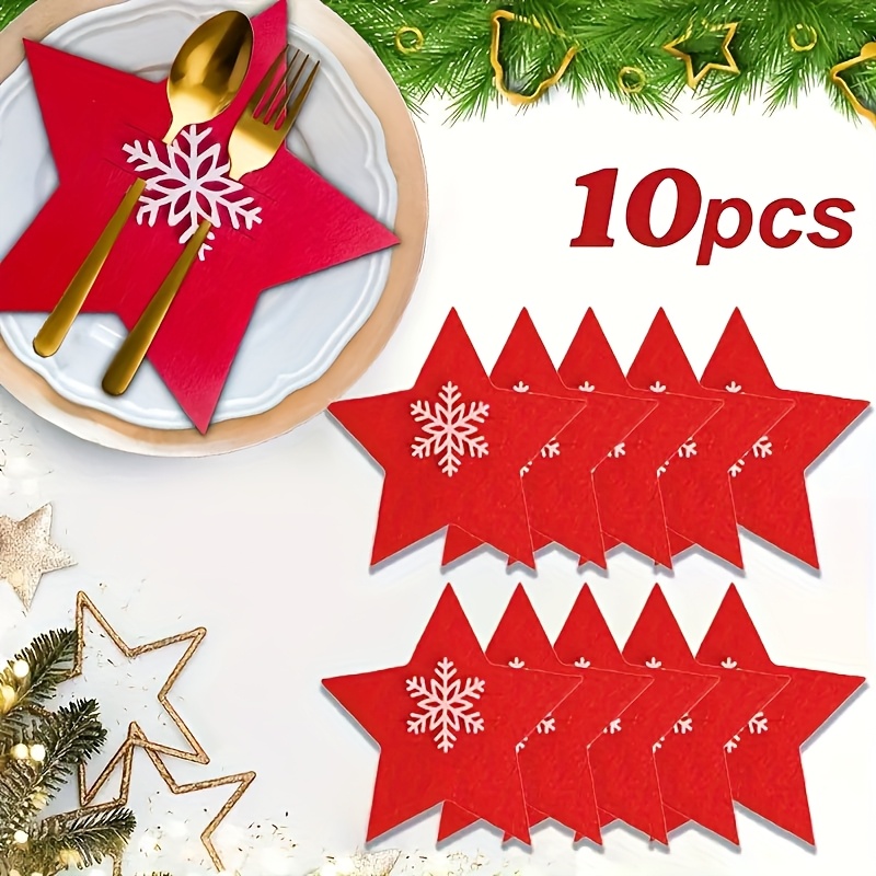 10pcs, Star-shaped Placemats With Snowflakes, Christmas Cutlery Pouches, Soft Felt Utensil Holders, Suitable For Christmas/halloween/thanksgiving Table Decor (cutlery Not Included)