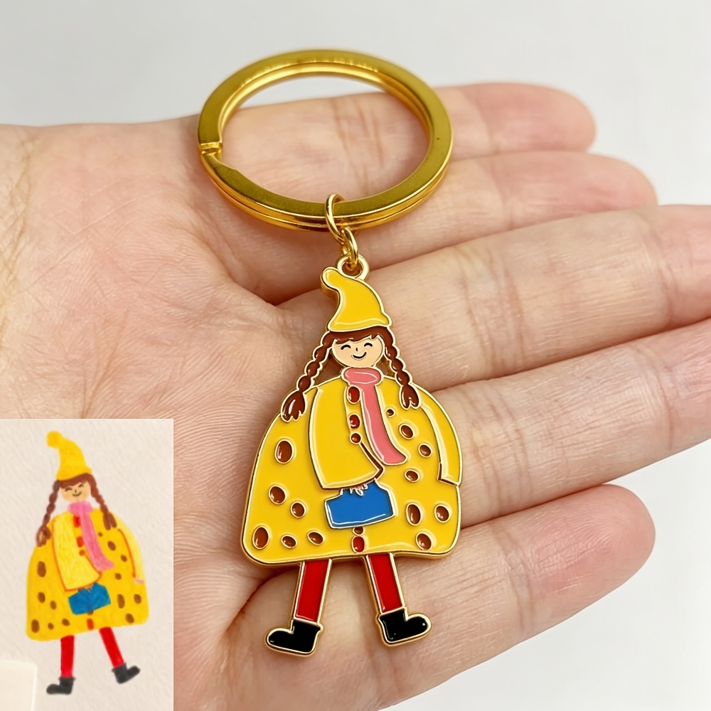 TEMU Custom Real Painting Photo Keychain, Stainless Steel Cute Cartoon Hand-drawn Artwork Key Chain, Personalized Colorful Sketch Drawing Key Ring,