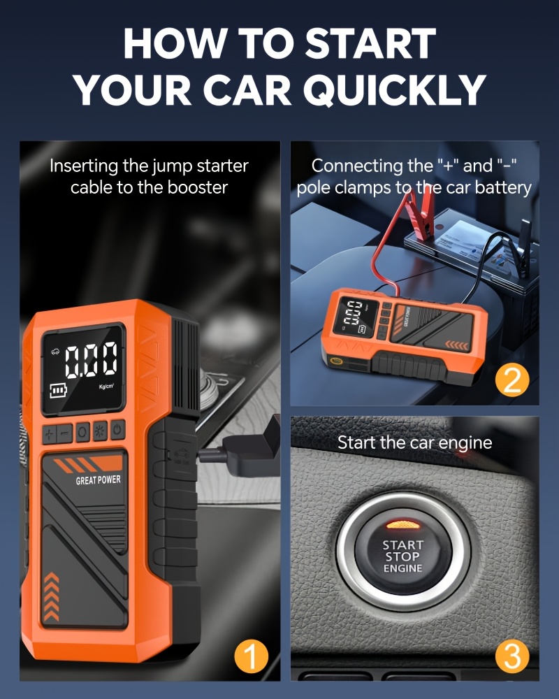 Upgraded 10-In-1 Multifunctional Portable Air Compressor, Equipped with 180 PSI Air Pump, Heavy-Duty Car Emergency Jump Start Kit, Emergency Starter Box for 5.0L Gasoline/101.44Oz Diesel, Portable Tire Inflator, 8000A Peak, 3 Modes Lighting