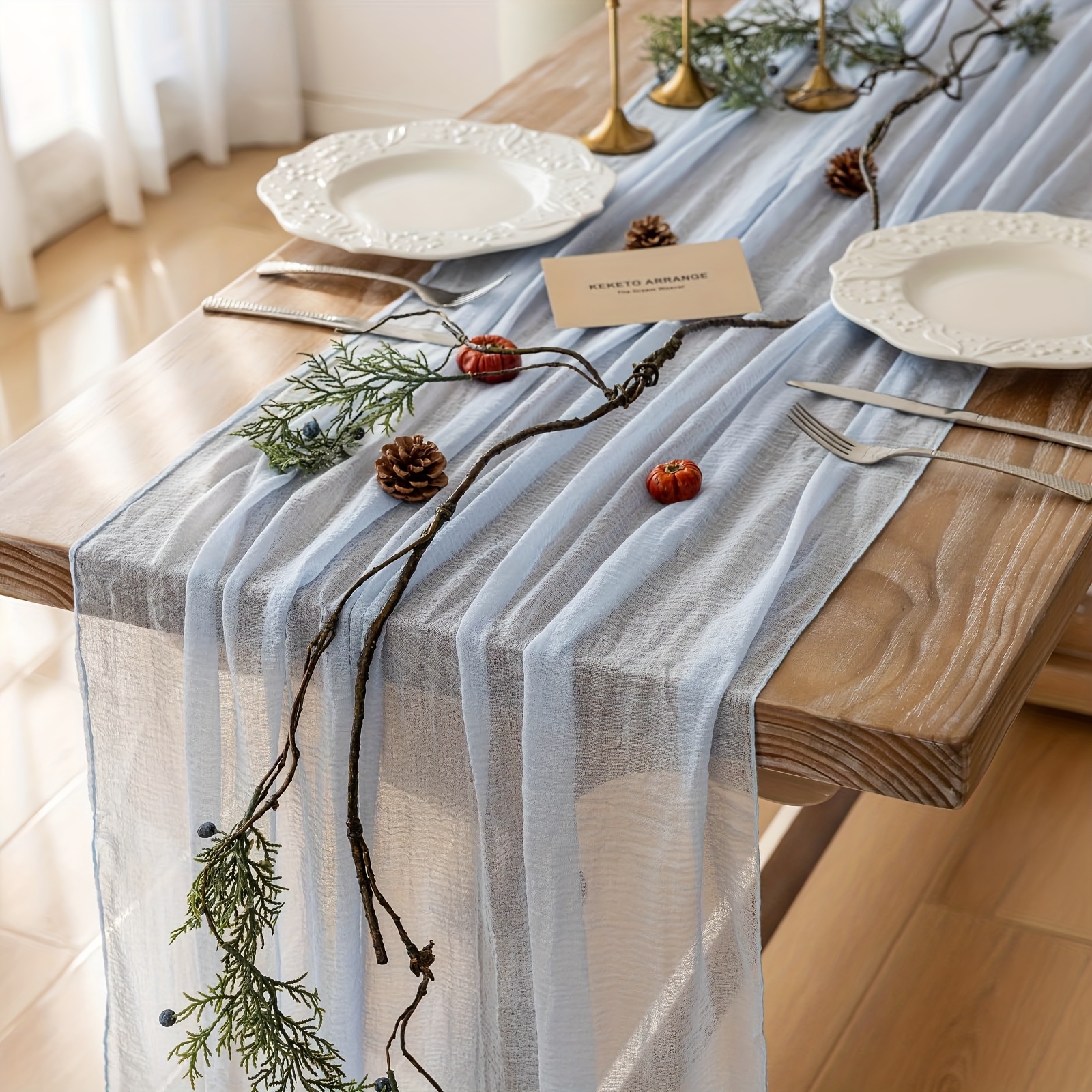 Image of Sheer Sheer Table Runner - Light Blue Transparent Wedding Baby Shower Birthday Party Decorations Suitable For Christmas New Year Father' Day - 120-inch () Table - Assembly No Setup Required - Fabric