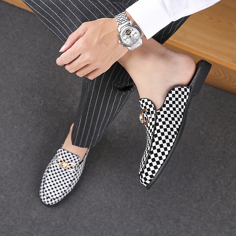Men's British-Inspired Checkered Slip-On Loafers - Black & White Casual Shoes with Golden Accents, Breathable Rubber Sole for Spring/Summer, Easy Slip-On Design for Daily Wear & Leisure Activities, Classic Loafer Style, Comfortable Interior Lining