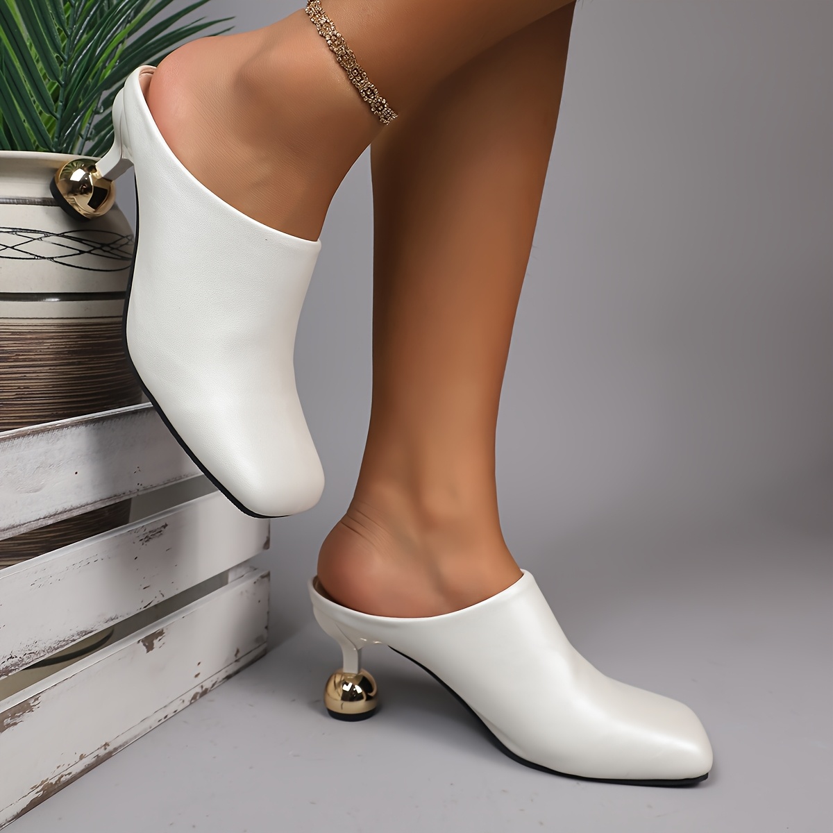 Ladies Fashion High Heel Cap Toe Slip-on Sandals, Summer New Vintage, Synthetic Upper, Rubber Sole, Synthetic Insole, with Strappy Back for Wome