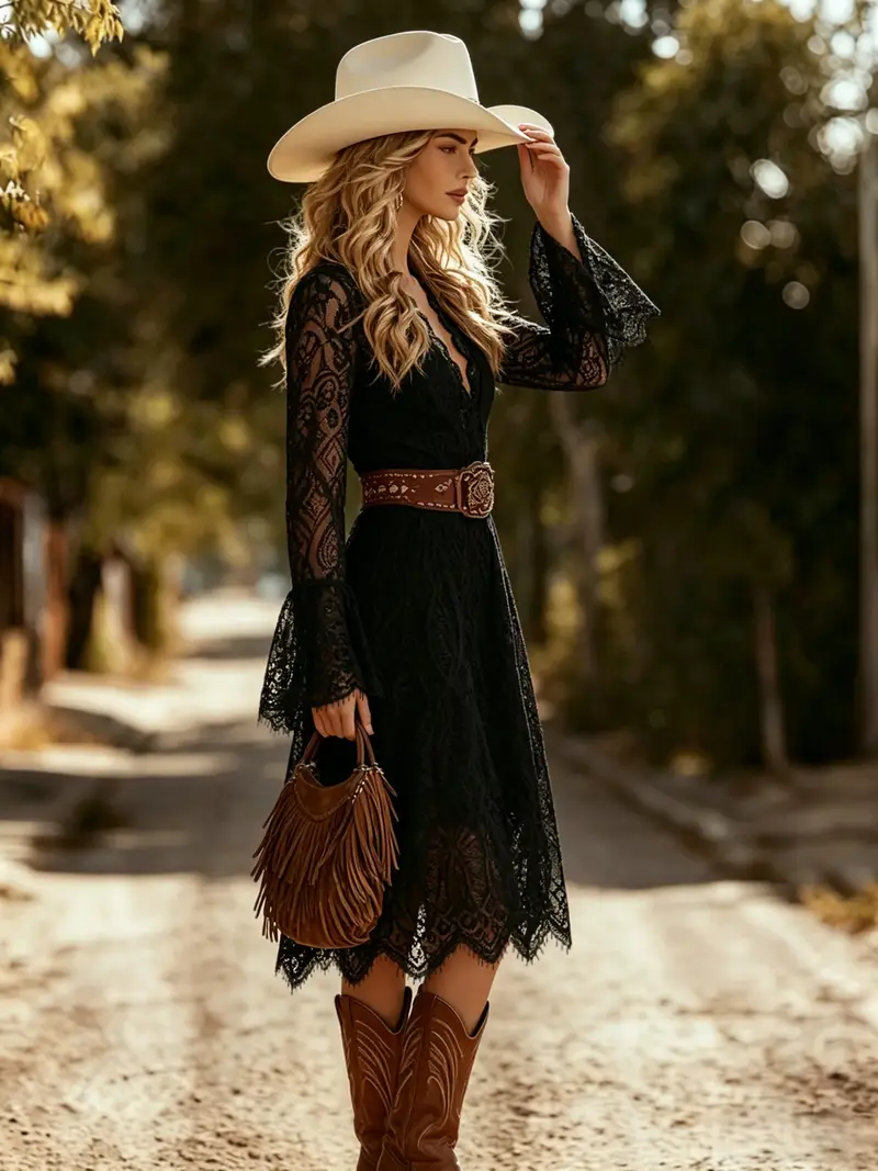 black lace dress with brown belt Xhilaration Black Lace Dress Brown Roped Belt Fit Flare Bell Sleeves Girls Small