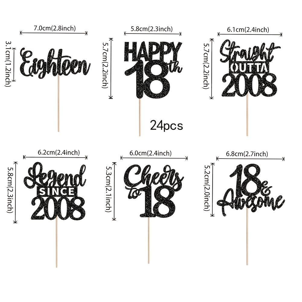 Image of 12/24 Pack 18th Birthday Cupcake Toppers Black 2008 Cupcake Picks Cheers To 18th Birthday Cake Decorations 18th Anniversary Party Decorations Supplies, Halloween, Christmas
