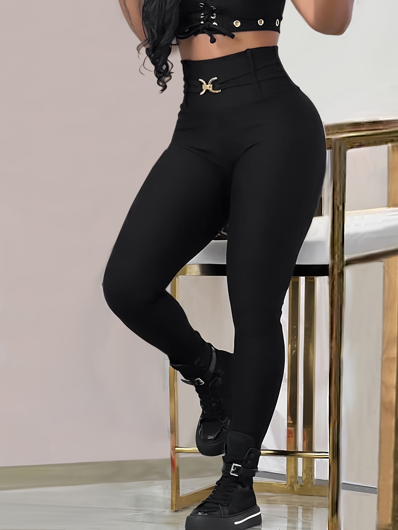 womens high waisted stretch leggings solid black elastic Temu