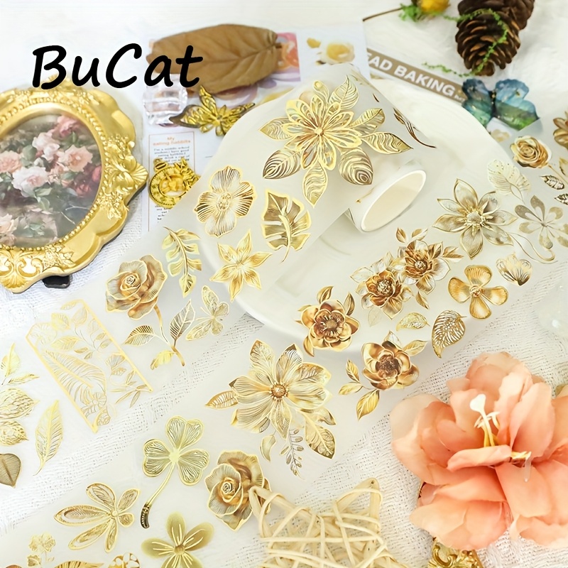 Image of 2m Golden Rose Pet Washi Tape Leaf Transparent Roll Stickers Decorative Adhesive Tape For Scrapbooking Journal Aesthetic Stationery Loop: 100cm
