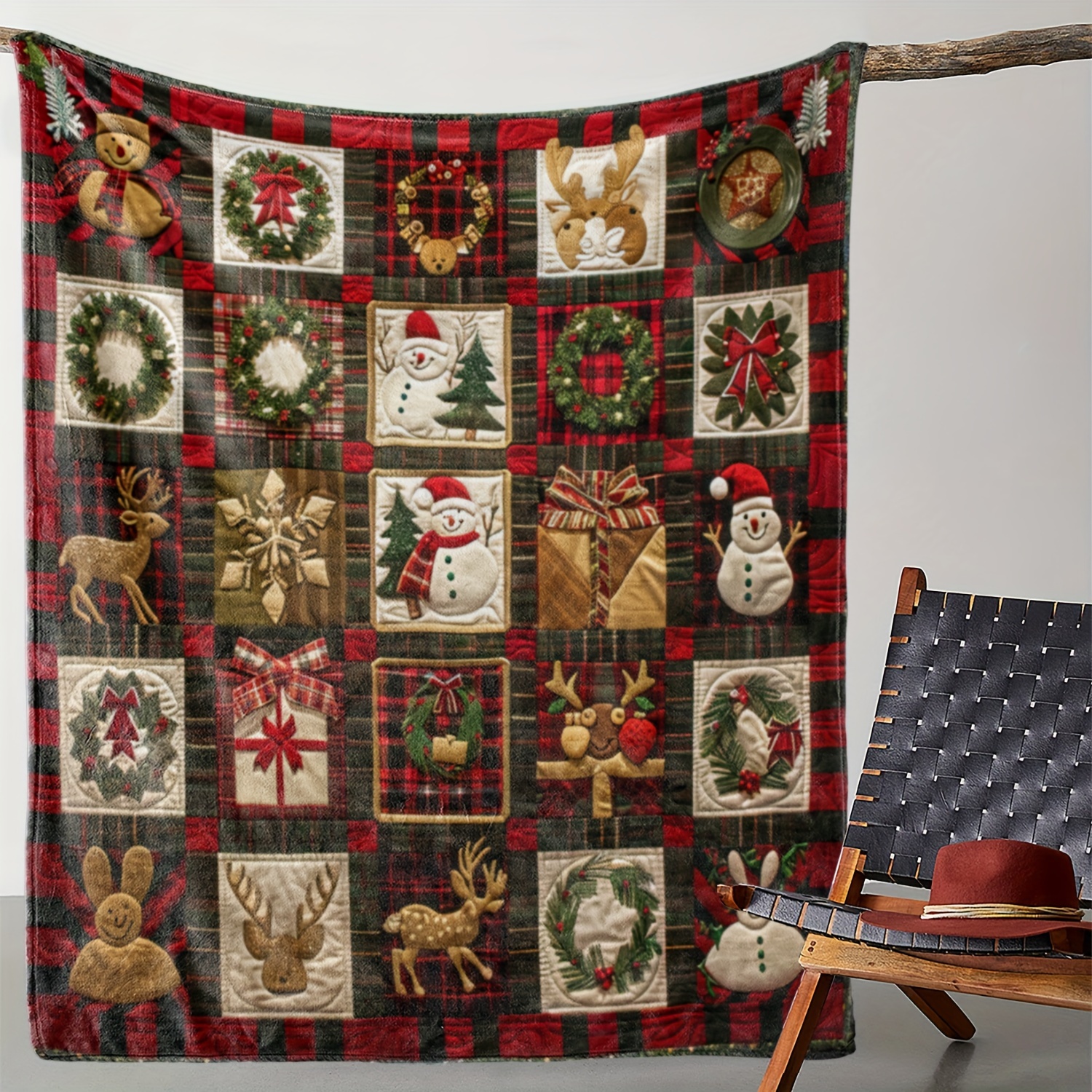 

Festive Christmas Blanket: Vintage Christmas Wreath, Snowman, Reindeer, And Gift Grid Printed Flannel Throw - Warm, Soft, And Comfortable For All Seasons