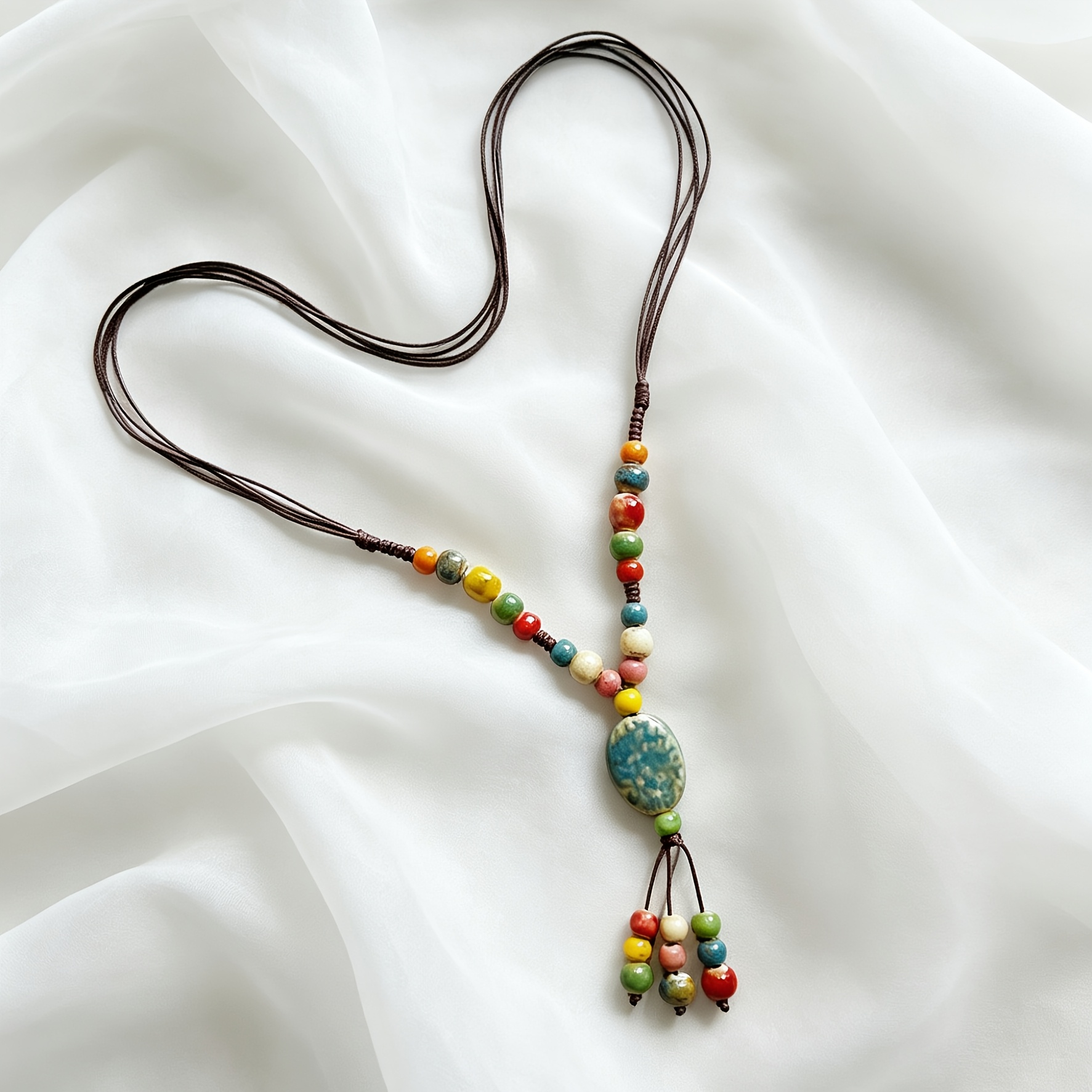Bohemian Long Ceramic Necklace for Women, Handcrafted Gift