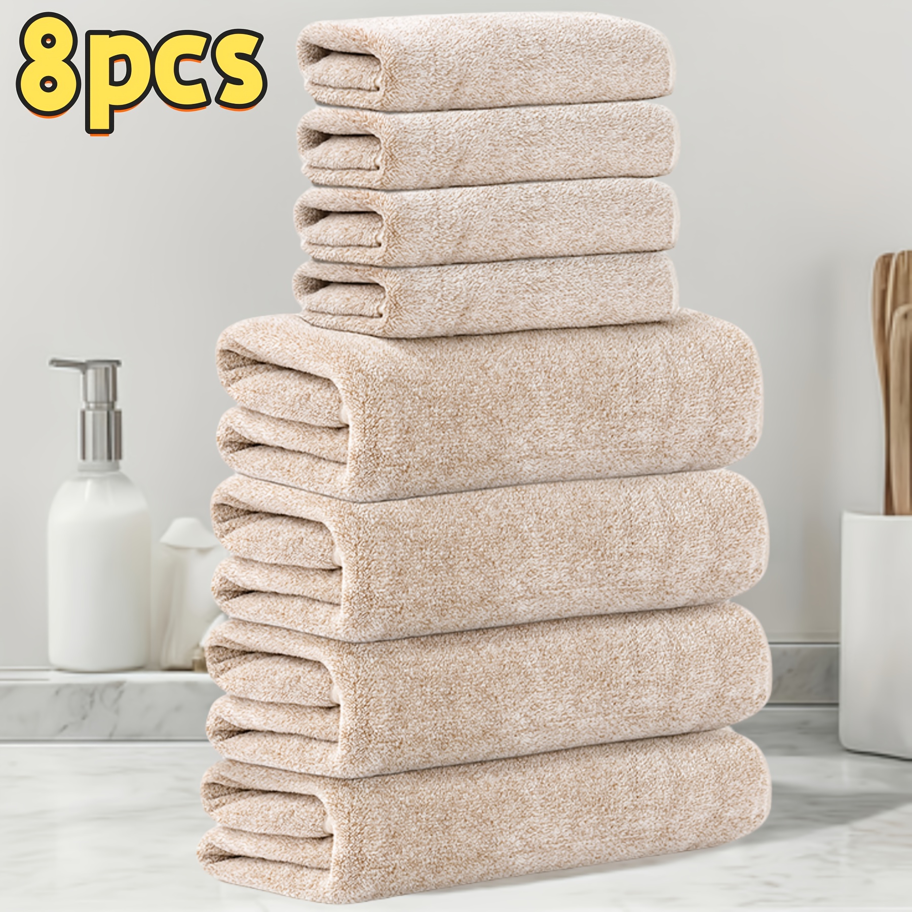 Image of 8pcs Set Including 4 Hand Towels And 4 Bath Towels, Coral Material, Absorbent, Soft, Quick-drying, Soft And Comfortable, Bathroom Supplies, Suitable For Bathrooms, Showers, Hotels, Gyms, And Spas