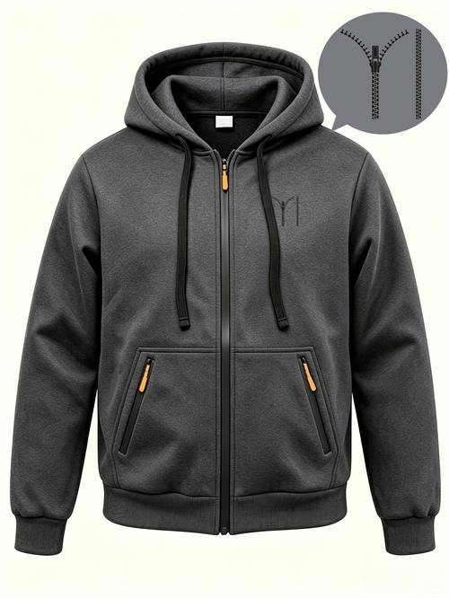 photo de l'article sweat à capuche zippé intégral pour homme avec motif de de fermeture éclair créatif, logo imprimé sur la , capuche à cordon de serrage, poches zippées, cardigan à capuche