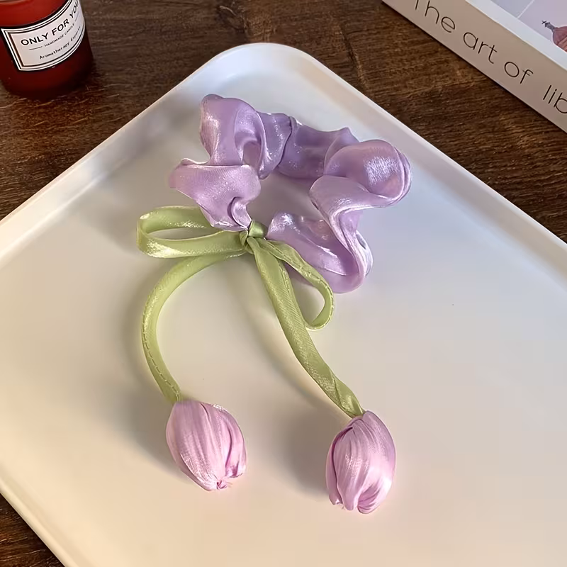 3pcs elegant french tulip hair ties high acrylic hair bands with colorful tulips ideal gift for friends cute hair accessorie details 3