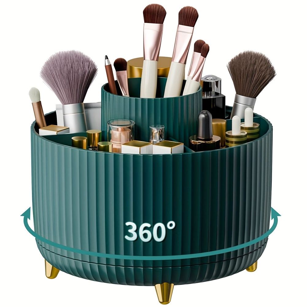 

360° Rotating Makeup Organizer - 5-compartment Cosmetic Storage Caddy, Multi-functional Holder For Brushes, Lipsticks, Skincare Products, Stationery - , Unscented Plastic With Design