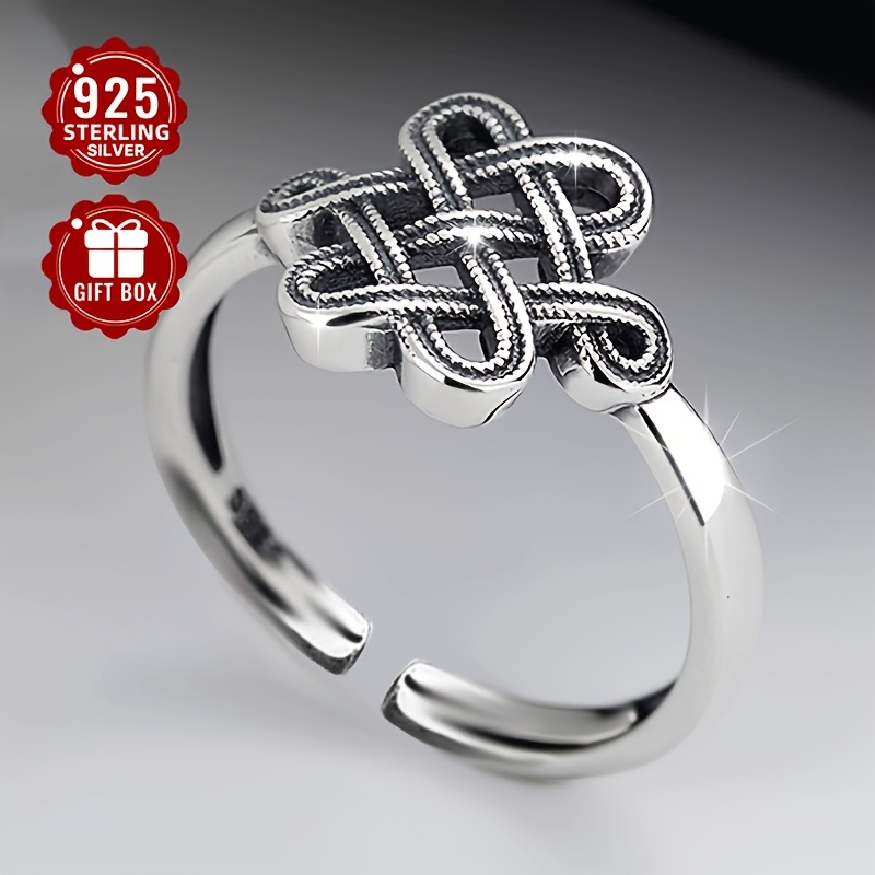 S925 Sterling Silvery Lucky Chinese Knot Adjustable Ring