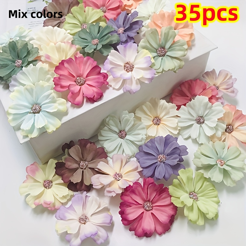 TEMU 35pcs 1 Pack Exquisite Mixed Color Artificial Chrysanthemums, Wildflowers, Wedding Party Decoration Fake Flowers, Handmade Scrapbook, Greeting