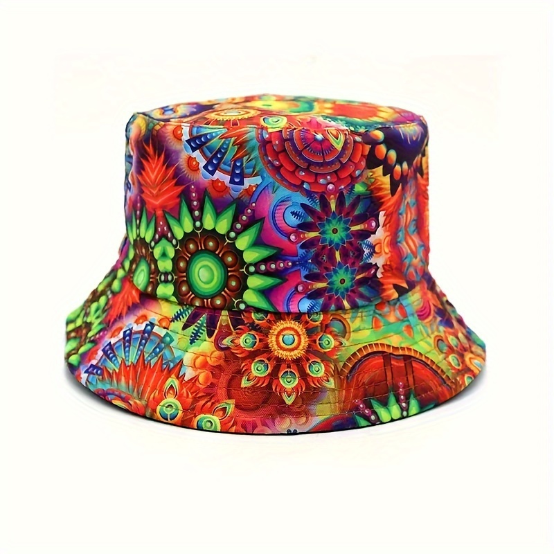

Eye Catching Punk Hippie Bucket Hat, Fantasy Kaleidoscope Print Fisherman Hat, Double-sided Sun Hat For Casual Leisure Outdoor Sports
