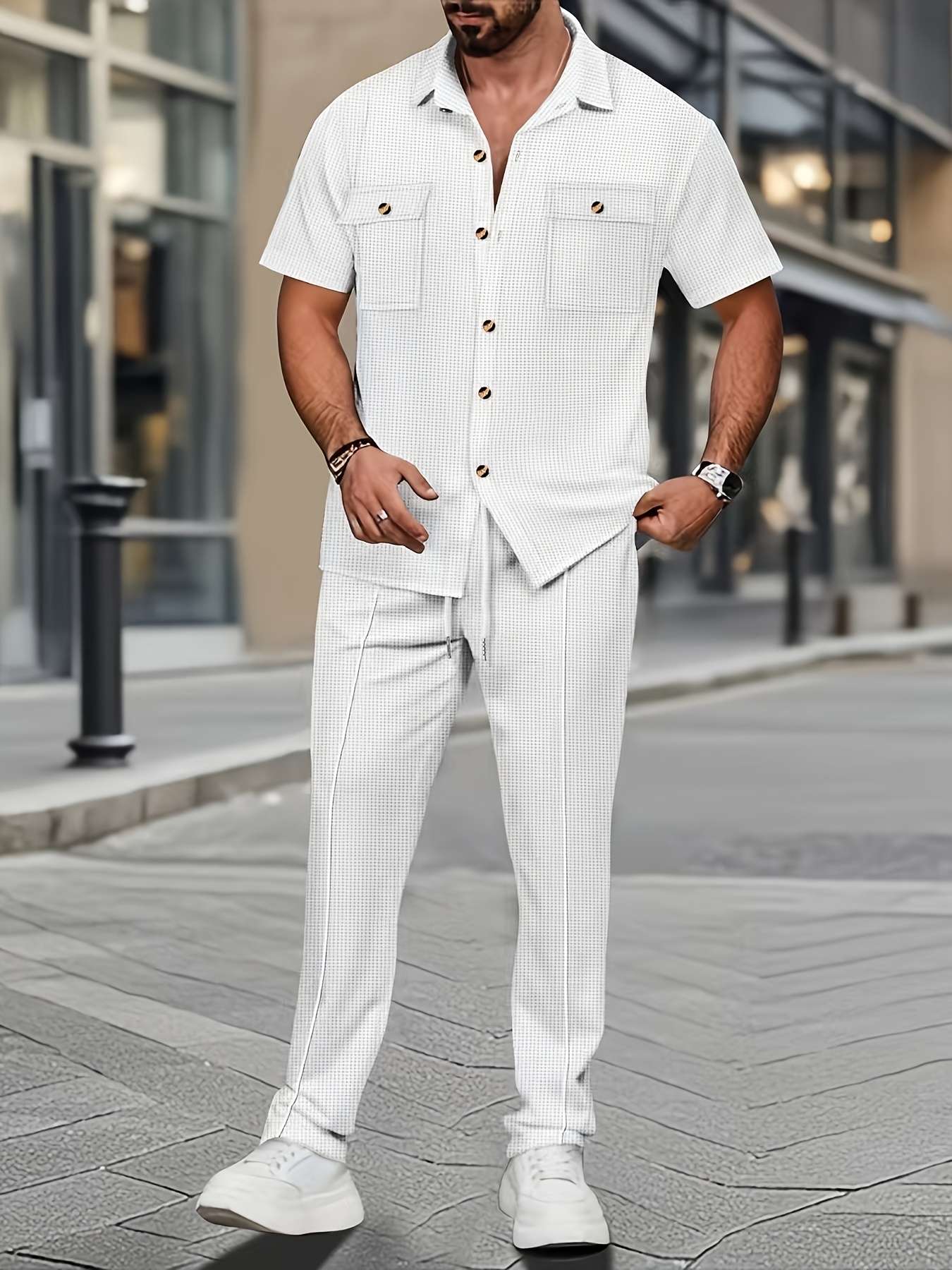 Men'S Casual Short Sleeve Shirt And Long Pants 2pcs Set Commuter Outfit, Textured Buttons And Pockets, Versatile Style