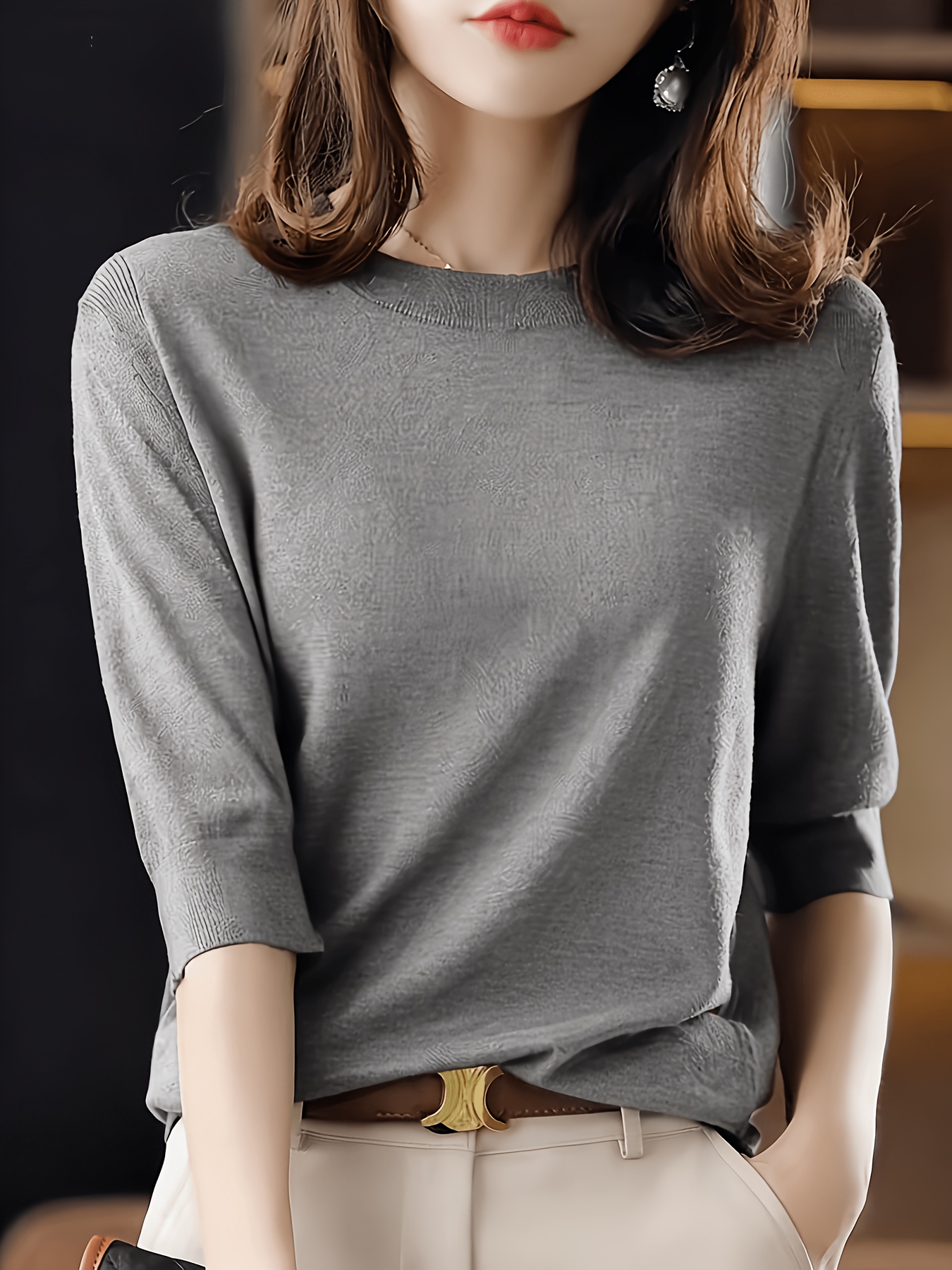 Women's Spring Autumn/Fine Round Neck/Mid-Sleeve Sweater/New Vintage Elegant Top/Short Sleeve Base Layer